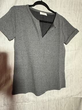 Zenana Waffle Knit Charcol Notch Neck Top